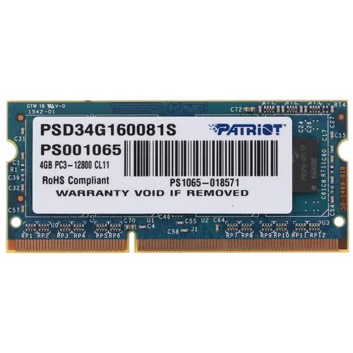 Patriot Модуль памяти DDR3 SODIMM 4GB PSD34G160081S PC3-12800, 1600MHz, 1.5V