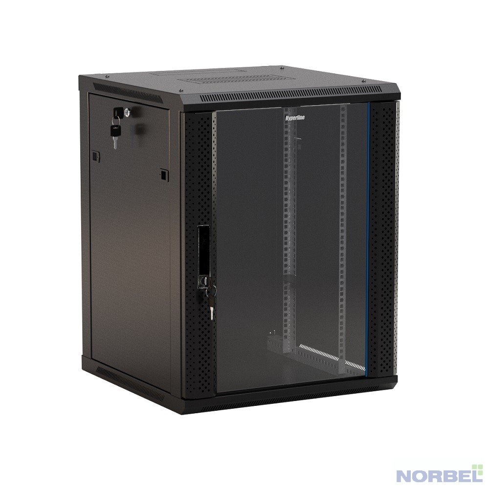 Hyperline Монтажный шкаф TWB-0645-GP-RAL9004 Шкаф настенный 19-дюймовый 19" , 6U, 367x 600х 450мм, стеклянная дверь с перфорацией по бокам, ручка с замком, цвет черный RAL 9004 разобранный