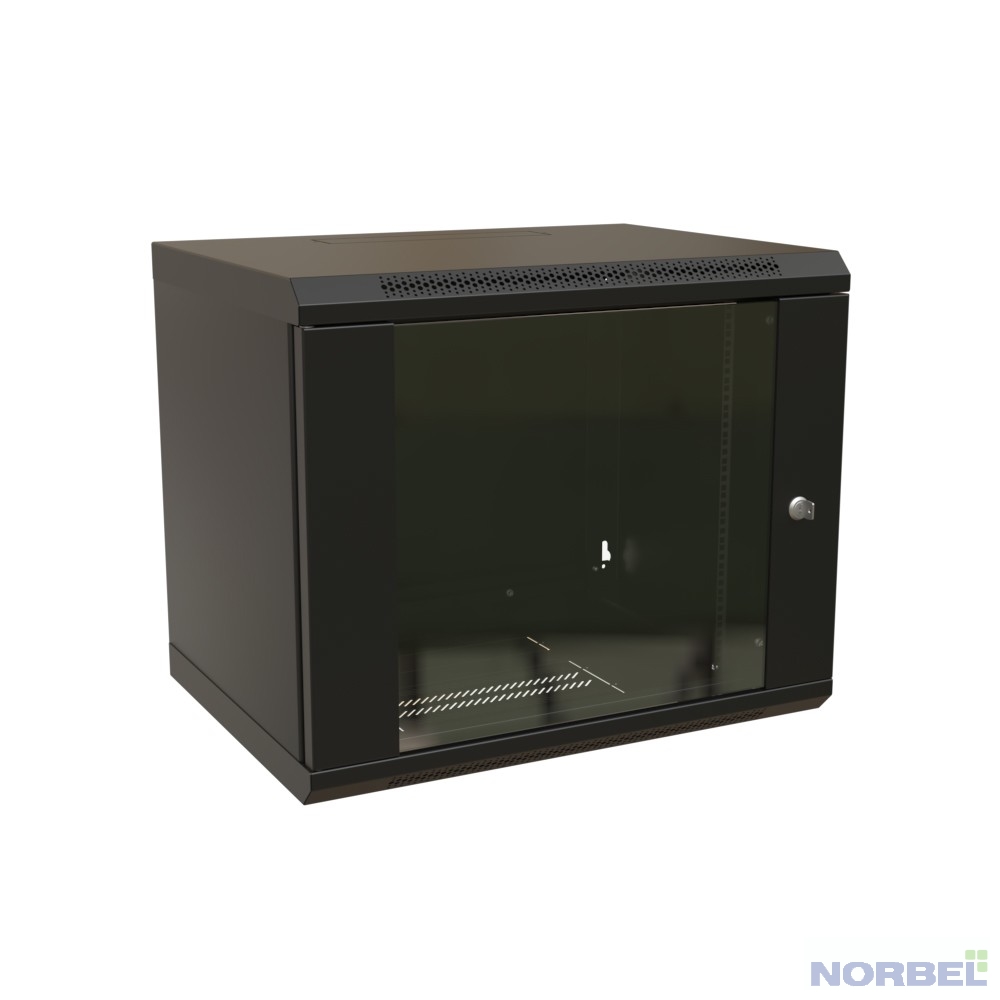 WRline Монтажные шкафы Шкаф настенный 19-дюймовый 19" , 12U, 650х600х600мм, стеклянная дверь с перфорацией по бокам, ручка с замком, цвет черный RAL 9004 разобранный