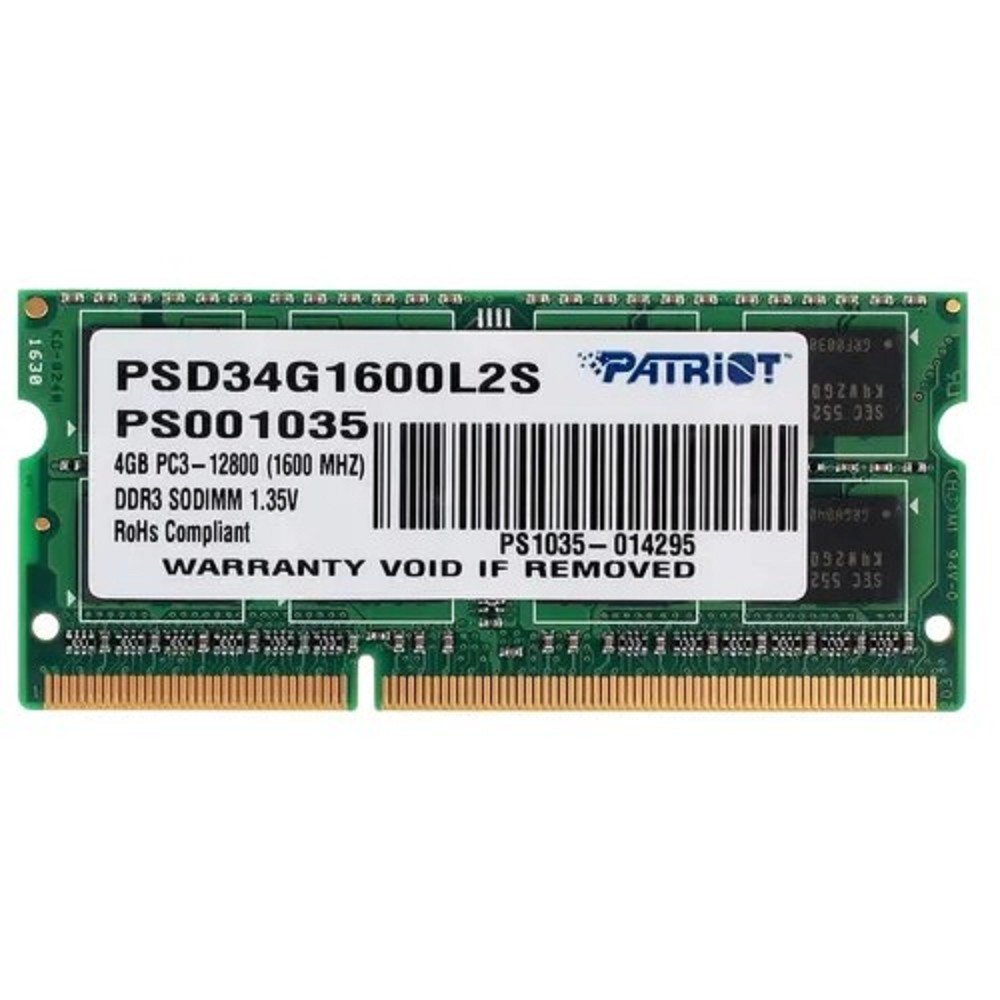 Patriot Модуль памяти DDR3 SODIMM 4GB PSD34G1600L2S PC3-12800, 1600MHz, 1.35V