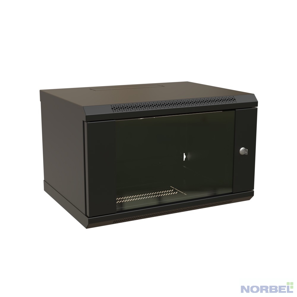 WRline Монтажные шкафы Шкаф настенный 19-дюймовый 19" , 6U, 367х600х450мм, стеклянная дверь с перфорацией по бокам, ручка с замком, цвет черный RAL 9004 разобранный