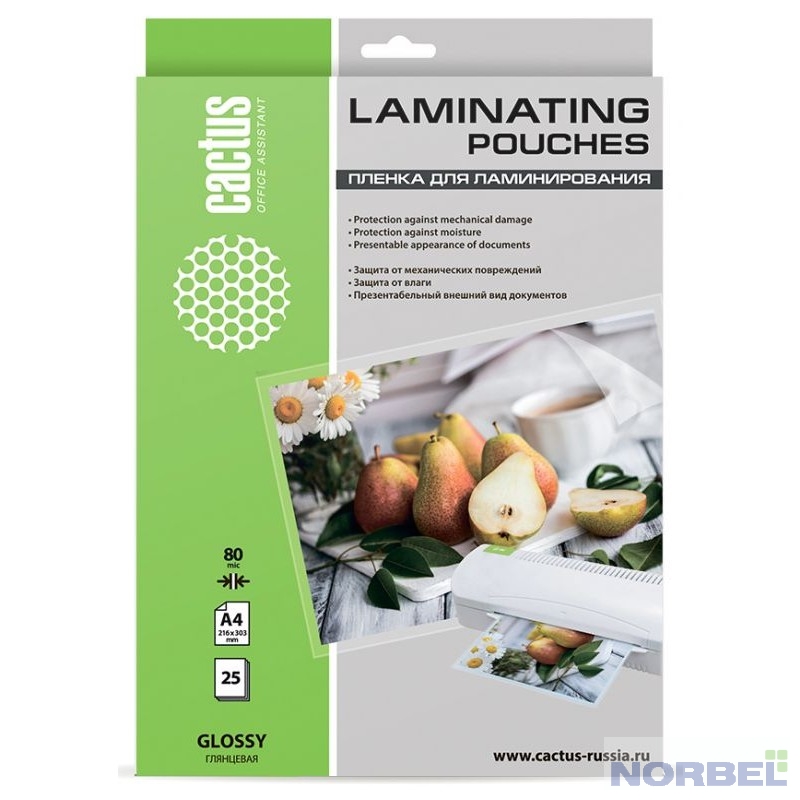 Cactus плёнка для ламинирования Пленка для ламинирования 80мкм A4 25шт глянцевая 216 x 303мм CS-LPGA48025