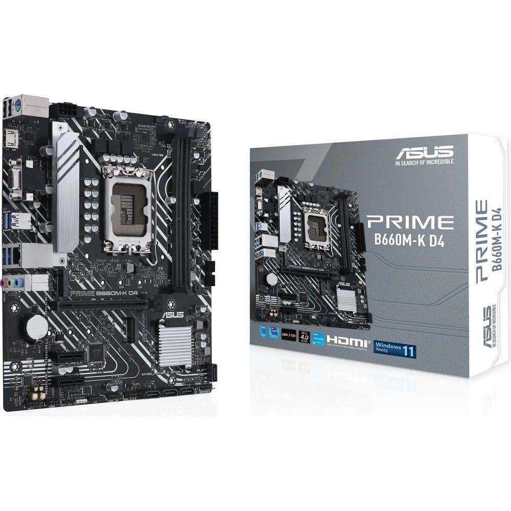 Asus Материнская плата PRIME B660M-K D4 Socket 1700, mATX, 2xDDR4 64GB , VGA HDMI 2.1, 1xPCIe 4.0x16 2xPCIe 3.0, 1xLAN, 4xSATA 6Gb s, 2xM.2, 4xUSB 3.2, 2xUSB 2.0, 1xPS 2
