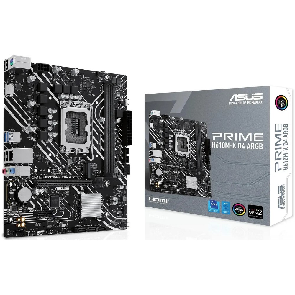 Asus Материнская плата PRIME H610M-K D4 ARGB Socket 1700, mATX, 2xDDR4 64GB , HDMI 2.1, 1xPCIe 4.0x16 1xPCIe 3.0 1xLAN, 4xSATA 6Gb s, 1xM.2, 2xUSB 3.2, 4xUSB 2.0, 1xPS 2
