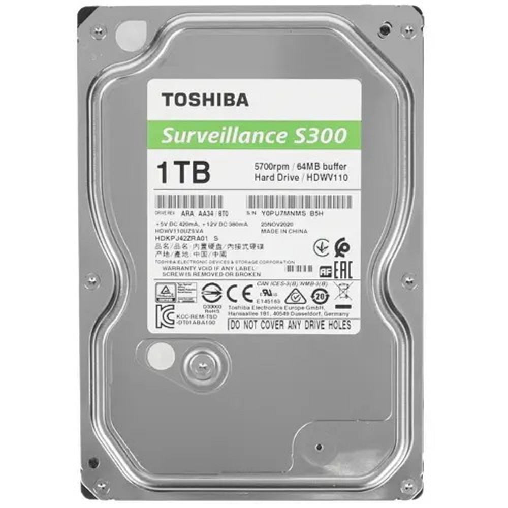 Toshiba Жесткий диск HDD 1Tb S300 Surveillance 5400rpm 64Mb SATA3 3,5" HDWV110UZSVA"