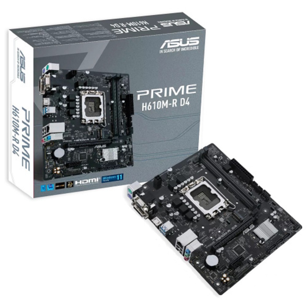 Asus Материнская плата PRIME H610M-R D4-SI Socket 1700, mATX, 2xDDR4 64GB , VGA DVI-D HDMI 2.1, 1xPCIe 4.0x16 1xPCIe 3.0, 1xLAN, 4xSATA 6Gb s, 1xM.2, 2xUSB 3.2, 2xUSB 2.0, 2xPS 2