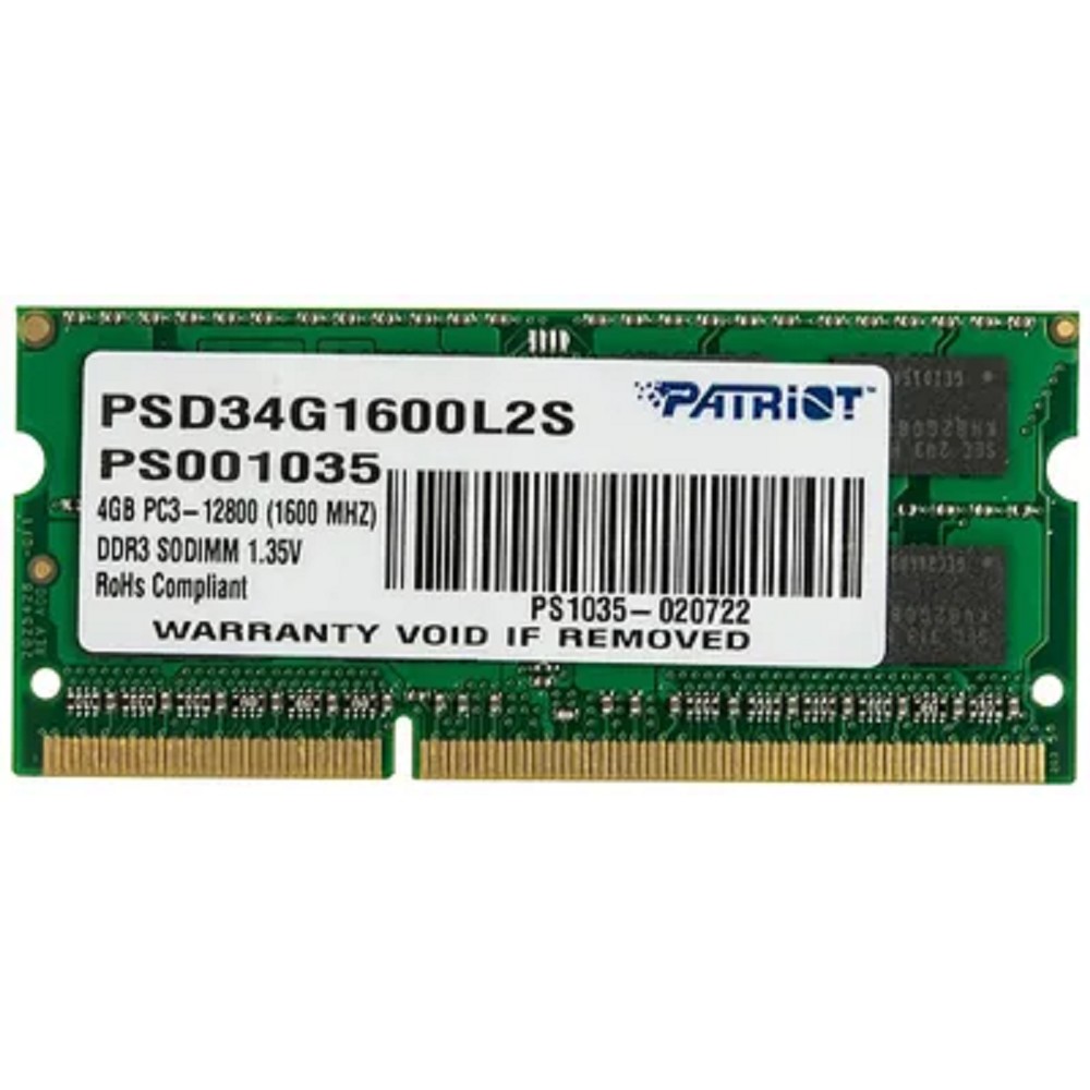 Patriot Модуль памяти DDR3 SODIMM 4GB PSD34G1600L2S PC3-12800, 1600MHz, 1.35V