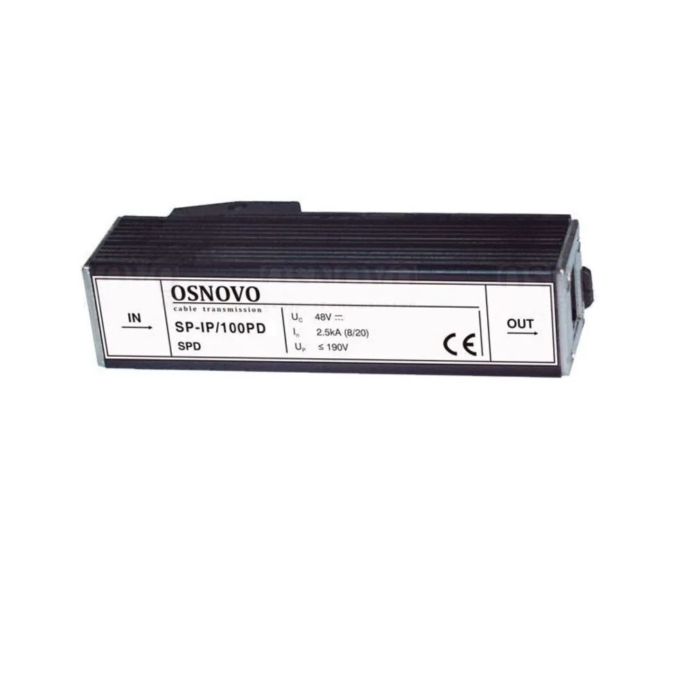 Osnovo Коммутаторы, модули, беспроводное оборудование SP-IP 100PD Устройство грозозащиты для локальной вычислительной сети скорость до 100Мбит с с защитой линий PoE af at, метод B, контакты 4 5, 7 8 , двухуровневая защита.