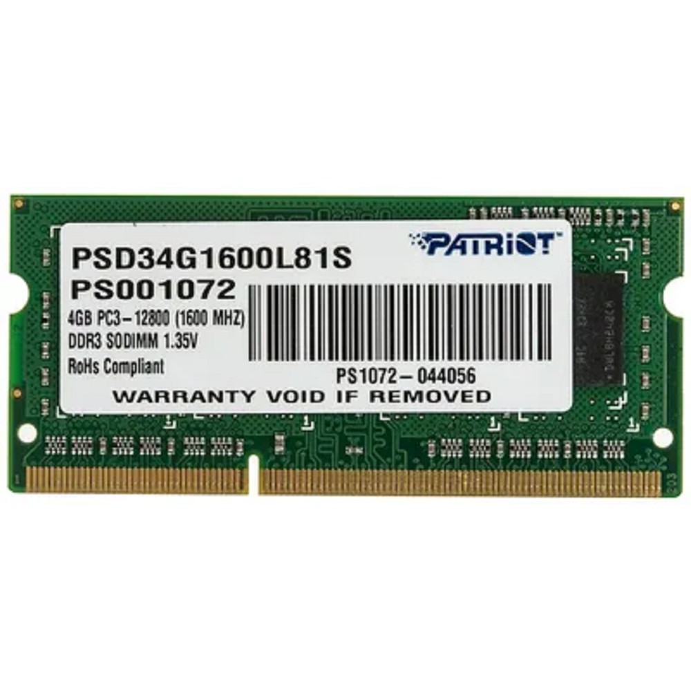 Patriot Модуль памяти DDR3 SODIMM 4GB PSD34G1600L81S PC3-12800, 1600MHz, 1.35V