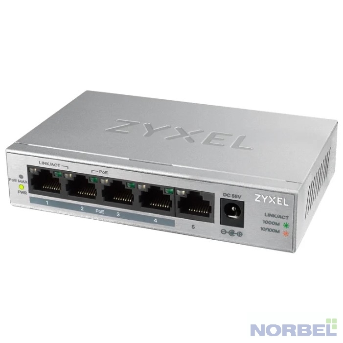 ZYXEL Сетевое оборудование GS1005HP-EU0101F PoE+ коммутатор GS1005HP, 5xGE 4xPoE+ , настольный, металлический, бесшумный, бюджет PoE 60 Вт