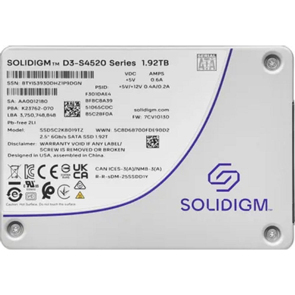 Intel накопитель Solidigm SSDSC2KB019TZ1Z Solidigm SSD D3-S4520 Series, 1920GB, 2.5" 7mm, SATA3, TLC, R W 550 510MB s, IOPs 91 000 38 000, TBW 8800, DWPD 3 12 мес.