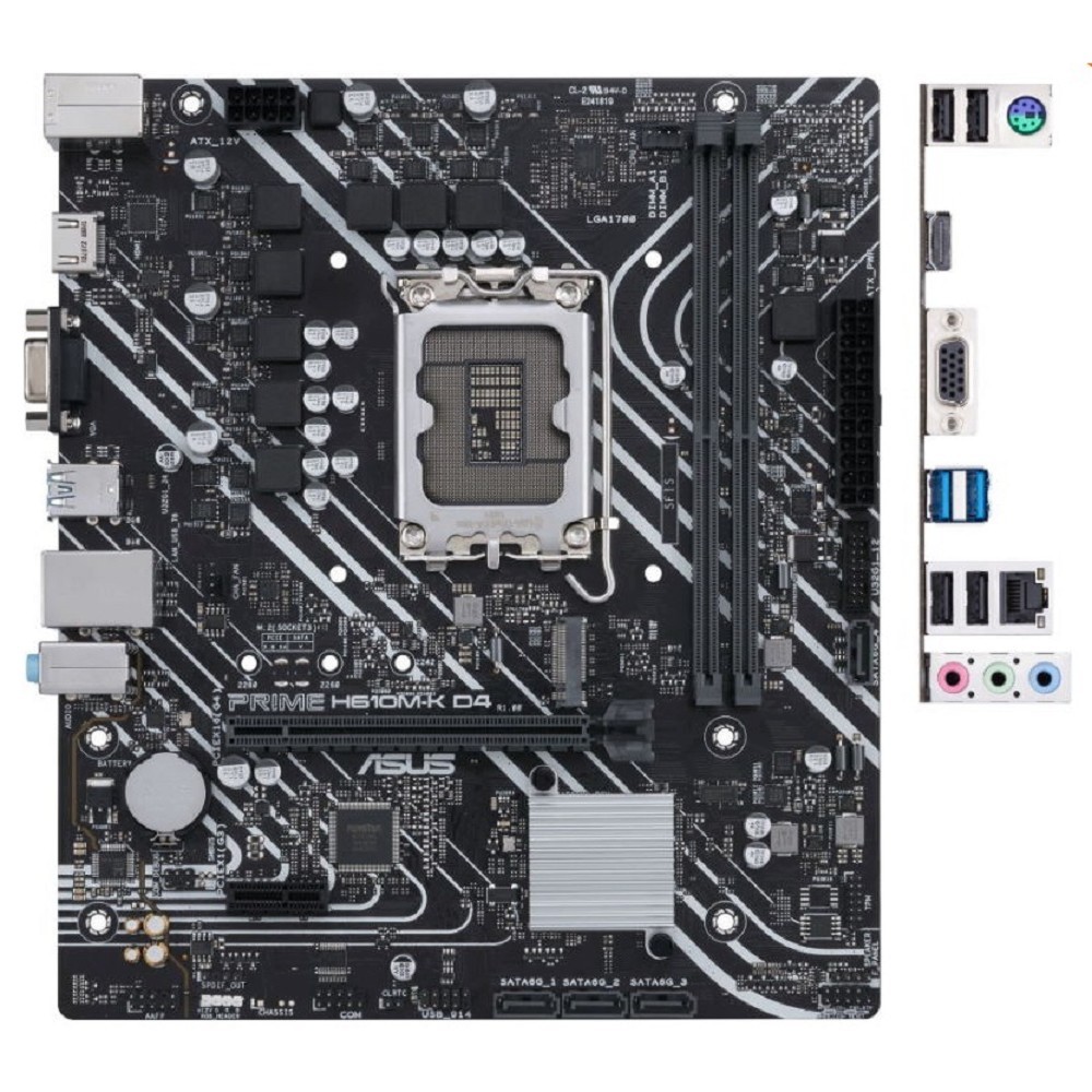 Asus Материнская плата PRIME H610M-K D4 Socket 1700, mATX, 2xDDR4 64GB , VGA HDMI 2.1, 1xPCIe 4.0x16 1xPCIe 3.0 1xLAN, 4xSATA 6Gb s, 1xM.2, 2xUSB 3.2, 4xUSB 2.0, 1xPS 2