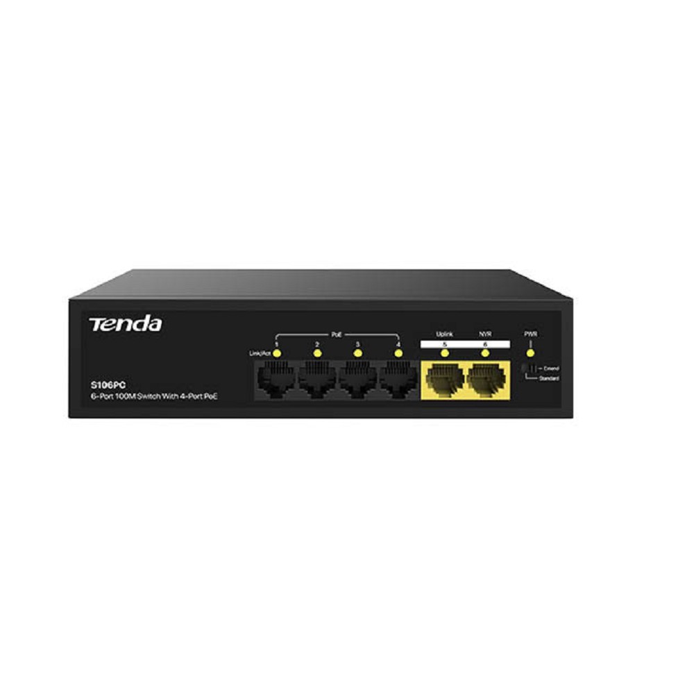 Tenda Сетевое оборудование S106PC Коммутатор настольный 6-Ports 10 100Base-TX 4-Ports PoE PoE бюджет 35W