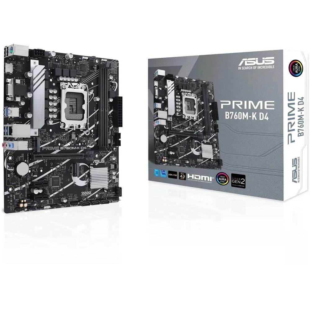 Asus Материнская плата PRIME B760M-K D4 Socket 1700, mATX, 2xDDR4 64GB , VGA HDMI 2.1, 1xPCIe 4.0x16 2xPCIe 4.0, 1xLAN 2.5GbE , 4xSATA 6Gb s, 2xM.2, 4xUSB 3.2, 2xUSB 2.0, 1xPS 2