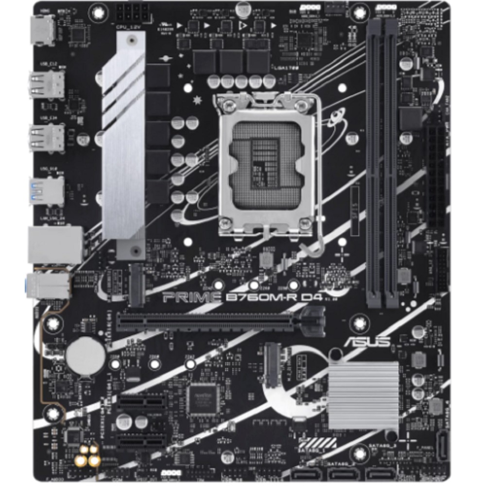 Asus Материнская плата PRIME B760M-R D4 Socket 1700, mATX, 2xDDR4 64GB , HDMI 2.1, 1xPCIe 4.0x16 2xPCIe 4.0 x1 , 1xLAN 2.5GbE , 4xSATA 6Gb s, 2xM.2, 4xUSB 3.2, 4xUSB 2.0